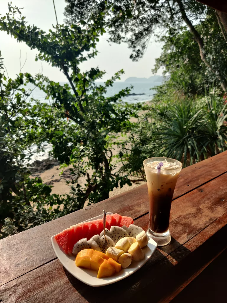 Fresh fruit and iced coffee at Jungle Hill Bungalows, Koh Jum, Thailand
