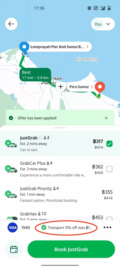 Grab allows to order rides, food, groceries and more in Thailand.
Screenshot showing how to apply discounts.